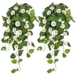 lot 14472 image: Briful Fake Hanging Flowers 2 Pack 25.6 Artificial Morning Glory Silk Floral Bush Faux Hanging Vine Plants Outdoor Fake Flowers for Home Office Outside Planter Porch Patio Yard Garden Decor(White)