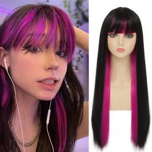 lot 14487 image: Dai Cloud Black Mix Purple Long Straight Wigs with Bangs for Women Halloween Cosplay Party Costume Synthetic Hair Wigs(Black and Purple)