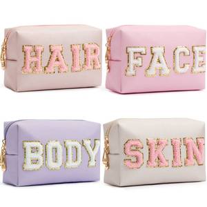 lot 14488 image: HBselect 4 Pcs Chenille Letter Patch Makeup Bags - Portable Waterproof Cosmetic Organizer for Women