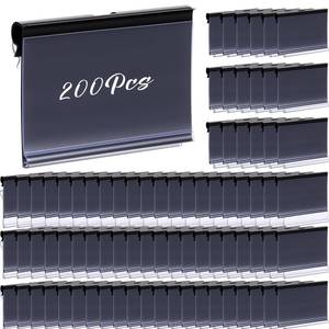 lot 14498 image: Tatuo 200 Pcs Reusable Plastic Wire Shelf Label Holders, Price Card Sign for Pantry Retail Supermarket Merchandise Shopping Mall Shop Ticket Display Holder Clip on Design, 2.36 L x 1.65 H (Black)