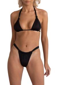 lot 20471 image: Womens Black Bikini Set Sexy Halter Triangle High Leg Thong Bikinis Cheeky Ruched High Waisted Two Piece Swimsuit M(used)