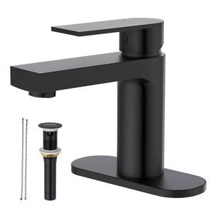 lot 1537 image: Aktines Matte Black Single Hole Bathroom Faucet, 1 Handle Bathroom Vanity Sink Faucet with Metal Pop-Up Drain & PEX Supply Lines & Deck Plate for 1 or 3 Hole, Black