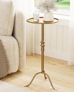 lot 1553 image: AEPOALUA Brass Distressed Iron Round Pedestal End Table, 25 Inch Vintage Martini Cocktail Accent Table with Tray Top for Living Room, Bedroom (Bronze)