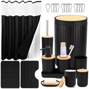 lot 1554 image: 24 Pieces Bathroom Sets with Shower Curtain and Rugs Black, Trash Can, Toilet Bursh, Soap Dispenser, Toothbrush Holder, Soap Dish, Tumbler, Cotton Balls Dispenser, Tray, Restroom Essentials