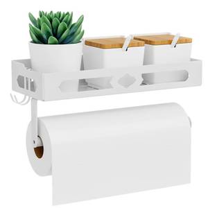 lot 1560 image: White Paper Towel Holder Wall Mount with Shelf - Adhesive Hand Towel Rack, Space-Saving for Bathroom, Kitchen, RV Camper