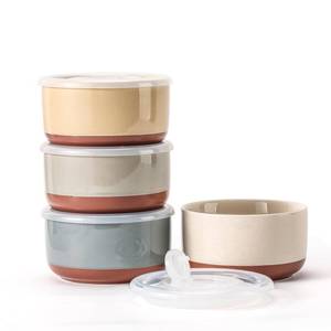 lot 1570 image: Chubacoo Ceramic Bowl with Lid 20 oz Microwave Safe Porcelain Soup Containers for Food Storage, Meal Prep, Working Lunch, Picnic & Camping - 5-Inch Set of 4 Dipped Color & Speckle