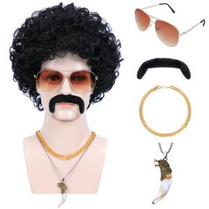 lot 2436 image: Bettecos 6pcs Set 70s 80s Disco wig with Mustache Glasses Artificial Wolf Necklace Gold Chain Short Curly Synthetic Hair Afro Mens Wig for 60s Rocker Hippies Costume Cosplay Halloween Party (Black)