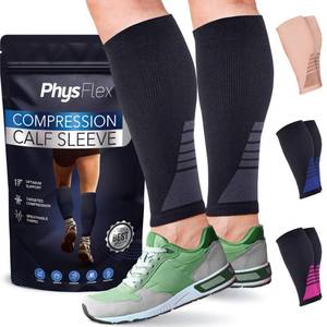 lot 2448 image: Calf Compression Sleeves for Men and Women - (1 Pair) Footless Compression Socks Support for Varicose Veins, Nursing, Pregnancy, Running - PhysFlex Leg Sleeve Brace for Shin Splints, Pain Relief and Reduces Swelling (Black, Medium)
