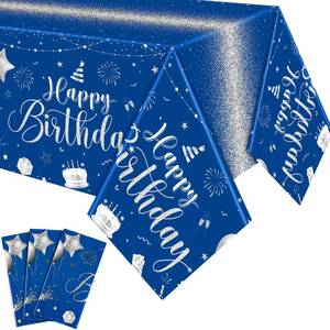lot 2449 image: Tudomro 3 Pcs Happy Birthday Tablecloths Happy Birthday Party Decorations Plastic Table Cover Rectangular Cloths for Women Men Baby Shower Party Supplies, 108 x 54 Inch (Blue Silver)