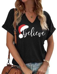 lot 2450 image: Womens Believe Christmas V Neck Shirt Funny Xmas Santa Hat Graphic Short Sleeve Tee Holiday Party Family Matching Winter Tops(S,M-Black)