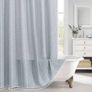 lot 2478 image: MitoVilla Boho Extra Long Shower Curtain 72 x 96, Blue Modern Farmhouse 96 inch XL Polyester Linen Texture Tassel Fabric Shower Curtain Set with Hooks for Cottagecore Country Bathroom Decor,Blue