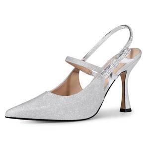 lot 3171 image: CELLENZ Women Kitten Heel Pumps Pointed Toe Slingback High Heels - Silver Glitter Sparkly Bow Sexy Pump - Prom Shoes Night Party Size 9.5