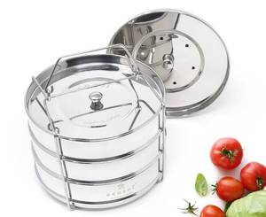 lot 3176 image: Ecozoi Stackable Steamer Insert Pans for 6 & 8 Quart, 3 Tier Pans Compatible with Instant Pot Pressure Cooker, Pot in Pot for Baking, Steaming & Casseroles, 2 Interchangeable Lids and Sling