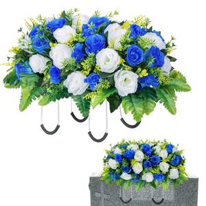 lot 3183 image: Kukooka Artificial Cemetery Flowers Saddle for Headstone, Memorial Grave Flowers for Cemetery Outdoor Gravesite Tombstone Headstone Decorations (Blue&White)
