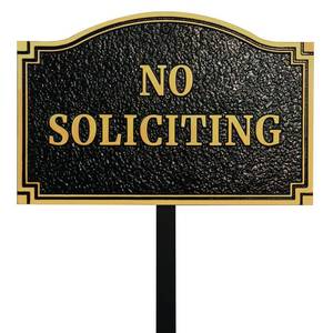 lot 3193 image: Morgtta No Soliciting Statement Plaque, Solid Metal Cast Yard Sign, Thick and Sturdy Material, Embossed Letters, 11.5�� x 7.5 Heavy Duty Sign with 31.5 Stakes and Upgraded Stainless Screws