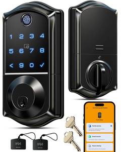 lot 3194 image: Veise VE017 Fingerprint Smart Door Lock, App Control, 8-in-1 Keyless Entry, Auto Lock, Emergency Power Port, Electronic Touchscreen Keypad, Biometric Smart Locks for Front Door, Matte Black