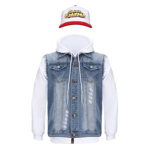 lot 3202 image: Mens Denim Jacket White Zip-up Hoodie Cap Subway Jake 3PCs Outfit Halloween Cosplay Costume Set (X-Large)