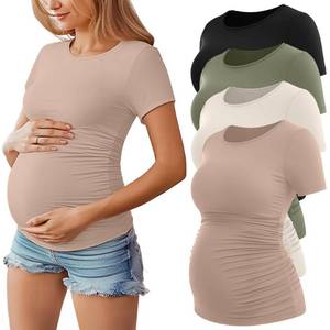 lot 4273 image: Huukeay 4 Pack Womens Maternity Shirts, Crew Neck Maternity Top Short Sleeve Casual Cotton Tee Side Ruched Pregnancy Clothes(Khaki, Cream, Army Green, Black,Medium)