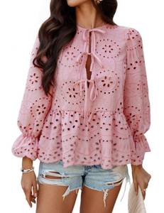 lot 4309 image: VOROFY Womens Tie Front Peplum Blouses Puff Long Sleeve Babydoll Bow Shirts Hollow Out Eyelet Lace Tops (Pink-L)