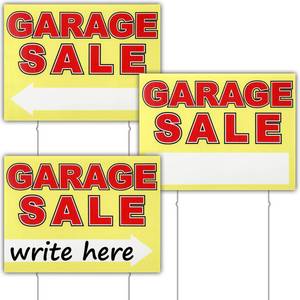 lot 4319 image: Amyhill 3 Pcs Garage Sale Sign with Metal Stakes 12 x 16 Inch Double Sided Corrugated Plastic Garage Yard Signs with Directional Arrows for Sales Event(Yellow and Red)
