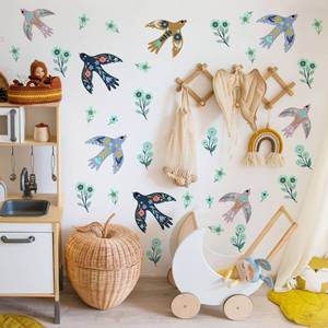lot 4325 image: Watercolor Birds Flowers Wall Decal��Little Birds Wall Art Decals Stickers��Summer Mood Nursery Wall Stickers��Kids Peel and Stick Removable Nursery Bedroom Living Art d�cor��Vinyl Home Decoration
