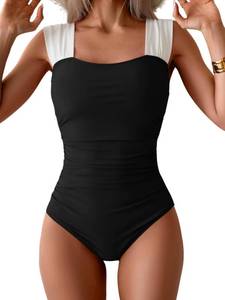 lot 4326 image: B2prity Womens One Piece Swimsuit Retro Square Neck Tummy Control Bathing Suits Ruched Modest Full Coverage Swimwear Black,White Large