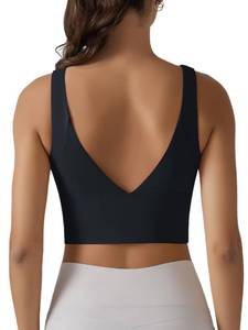 lot 4342 image: ABOCIW Womens V Back Longline Sports Bra Padded Scoop Neck Medium Impact Fitness Yoga Bra Workout Crop Tank Tops Black Large
