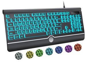 lot 4349 image: KOPJIPPOM Large Print Backlit Computer Keyboard, USB Full Size Wired Keyboards with 7-Colors Backlight, Wrist Rest, Light Up Keyboard for Windows, PC, Laptop - Easy to See, Easy to Setup