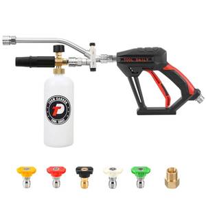 lot 5208 image: Tool Daily Short Pressure Washer Gun with Foam Cannon, Dual Connector Accessory, 14 Inch Quick Connect, 5 Spray Nozzle Tips, 1 Liter