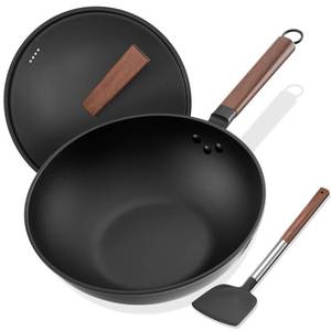 lot 5227 image: Todlabe Carbon Steel Wok, 13-Inch, Pre-Seasoned, Non-Stick, with Lid and Spatula, Flat Bottom, Ideal for Stovetop Cooking