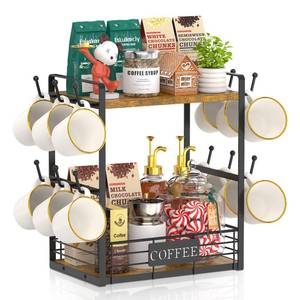 lot 5232 image: EsLuker.ly Coffee Mug Cup Holder Tree Bar Station Organizer, 2 Tier Mug Stand Rack for Countertop Kitchen, Storage Tower Display Shelf with 12 Hooks, Coffee Nook Enhancer, Vintage Brown Black