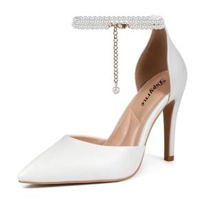 lot 5240 image: Dipyrne Womens High Heels Closed Pointed Toe Sexy String Bead Ankle Strap Wedding Evening Dress Pumps Shoes US 10, White