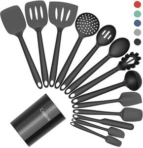 lot 6423 image: Coukre Silicone Kitchen Cooking Utensils Set with Holder �� Heat-Resistant, Food-Grade Kitchen Tools, Spatula, Spoon & Gadgets for Non-Stick Pans, Dishwasher Safe (7, PureBlack)