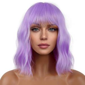 lot 6444 image: LANCAINI Short Bob Wigs with Bangs for Women Loose Wavy Wig Curly Wavy Shoulder Length Bob Synthetic Cosplay Wig for Girl Colorful Costume Wigs (Purple)