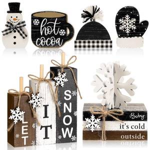 lot 6451 image: Vercraft 11 Pcs Winter Table Decorations Winter Tiered Tray Decor Snowflake Snowman Centerpiece Decorative Wood Books Let It Snow Table Top Decor Wooden Snow Sign