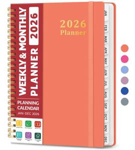 lot 6455 image: 2026 Planner, Weekly and Monthly Calendar Planner, January 2026 - December 2026, Hardcover 2026 Calendar Book with Tabs For Women & Men, Inner Pocket, Spiral Bound, Perfect for Office Home School Supplies - A5 (6.3 x 8.5), Coral