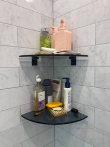lot 6482 image: Bakzon 2-Pack Glass Shelf Shower Caddie, Shower Shelves for Inside Shower, Drilling Free Adhesive Wall Mounted Bathroom Organizer Shelves with Aluminium Brackets, Black