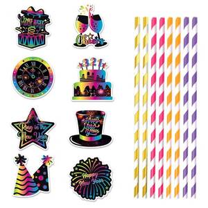 lot 6491 image: New Year 2027 Celebration Plastic Drink Straws with 8Pcs Happy New Year Themed Paper Toppers - Festive Holiday Party Straws for New Years Eve Decor, All Ages Safe and Reusable