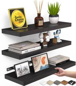 lot 9319 image: BAYKA Floating Shelves for Wall, Wall Mounted Rustic Wood Shelves for Bathroom, Bedroom, Living Room, Kitchen, Hanging Shelf for BooksStorageRoom Decor with 22lbs Capacity (Black, Set of 3, 15.7in)