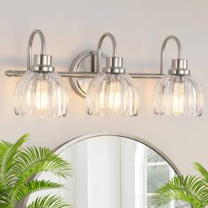 lot 9325 image: Bathroom Light Fixtures (3-Light, 20 Inch), Brushed Nickel Vanity Lights for Bathroom with Ribbed Clear Tulip Glass Shade, Vintage Vanity Wall Lights for Mirror Bedroom Living Room Hallway