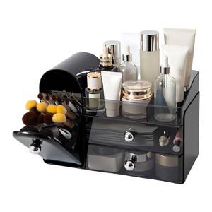 lot 9333 image: Makeup Organizer with Brush Holder for Vanity, Large Cosmetic Display Cases with 2 Drawers, Skincare Organizer for Bathroom Countertop, Black