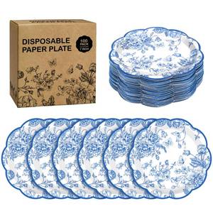 lot 9340 image: Kochorie 100 Pieces Blue Flower Paper Plates 7 Inches Disposable Floral Paper Plates Scalloped Blue Chinoiserie Vintage Flower Dessert Plate for Wedding Birthday Holiday Party Decor Supplies