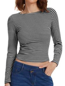 lot 10379 image: Striped Long Sleeve Shirts for Women Boat Neck Rib Knit Slim Fit Ruched Crop Tops Y2k Casual Fall Winter Clothing XS