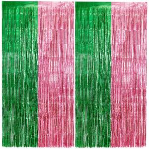 lot 10392 image: Vagilelf 2 Pack Pink and Green Party Decorations Tinsel Foil Fringe Backdrop 3.3��x6.6��, Wicked Party & Halloween Streamer, Durable Metallic Tassel Create Photo Booth & Entrance