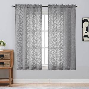 lot 10396 image: Gwine Charcoal Grey Sheer Curtains 63 Inch Length 2 Panels, Light Filtering Leaf Jacquard Textured Soft Airy Living Room Bedroom Curtains, Elegant Rod Pocket Farmhouse Curtain, 42Wx63L Inches, 2PCS