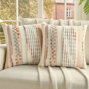 lot 10399 image: FUTEI Grey Blue Coral Accent Throw Pillow Covers Set of 2, 18x18 Inch Plush Tufted Striped Textured Decorative Cushion Cases for Farmhouse Boho Couch Decor
