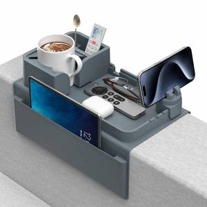 lot 11428 image: Couch Arm Cup Holder CLESOO Couch Arm Tray Anti-Slip Couch Cup Holder Silicone Sofa Armrest Tray Dual Side Pocket Couch Drink Holder Sofa Caddy Arm Remote Holder Snack Caddy with Phone Holder Blue