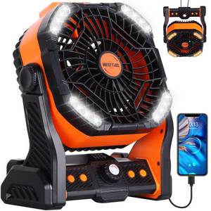 lot 11429 image: WESTTREE 20000mAh Battery powered fan Camping Fan essentials Portable fan Battery OperatedRechargeable Outdoor Tent with Light & Hook Personal USB Desk for Camping,Orange (No Cord) (Turns On)