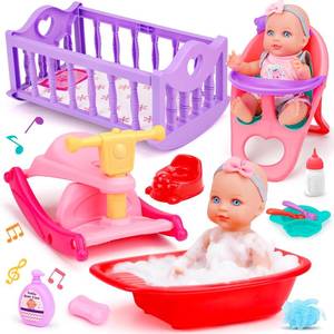 lot 11433 image: Tsomtto Baby Care Dolls Toys Set with 11 Baby Doll, Cradle Crib & Rocking Horse, Bathtub, High Chair Feeding Accessories, Toddlers Doll Toy Pretend Play for Age 3 4 5 6 Years Old Girls Kids