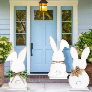 lot 11444 image: Vercraft 3 Pcs Outdoor Easter Decorations for Porch Large Wooden Easter Bunny Porch Sign Rustic Spring Farmhouse Bunny Standing Sign Party Decor for Front Door Yard Garden, 15.75 Inch